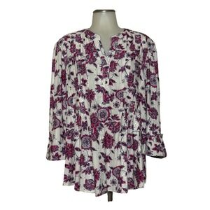 Kim Rogers Henley Top Women XL Ivory Pink Floral‎ NEW Metallic Pleat 3/4 Sleeve